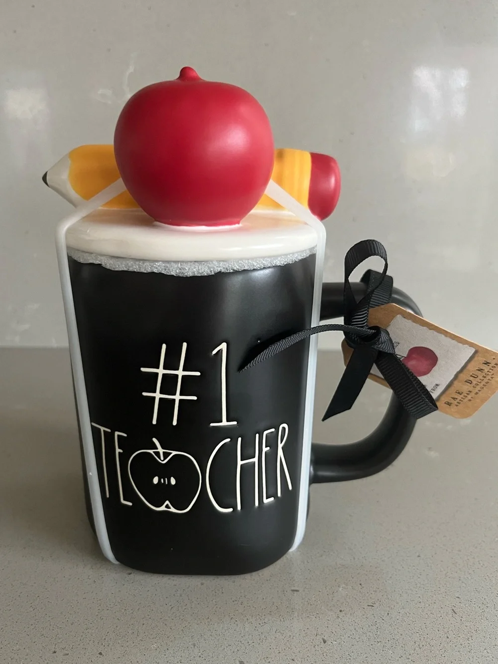 Rae Dunn #1 Teacher Mug Apple And Pencil Topper Black Teacher Gift NEW